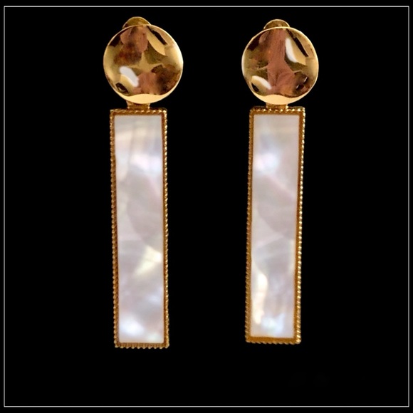 New Gold statement mod geometric mother of pearl opal Abalone shell bar earrings - Picture 1 of 6